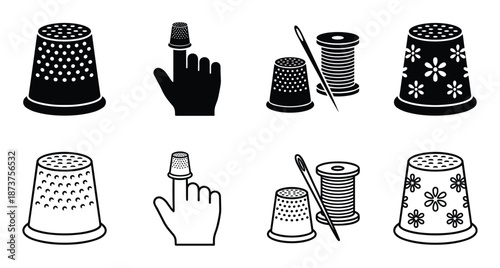 Sewing thimbles and needle vector icons, different style tools for hand stitching and needlework crafts