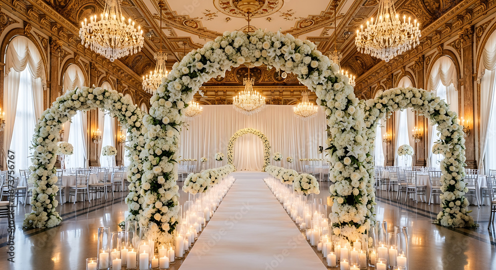Naklejka premium Elegant Wedding Ceremony Setup with Floral Decorations.