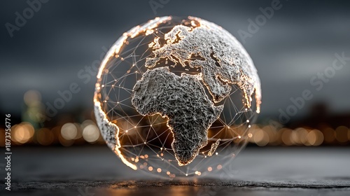 A glowing wireframe globe with a network of lines and nodes centered on Africa and Europe, set against a blurred cityscape background at dusk