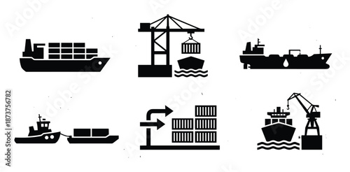 Shipping Icons Vector Set: Container Ship, Crane, Tugboat, Cargo Transfer, and Maritime Logistics