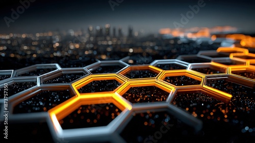 A glowing honeycomb pattern with hexagonal cells in shades of orange and silver set against a blurred cityscape at dusk