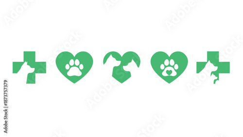 A collection of green icons representing animal care and love