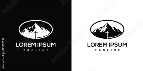 Mountain landscape illustration with a cross on a black and white background