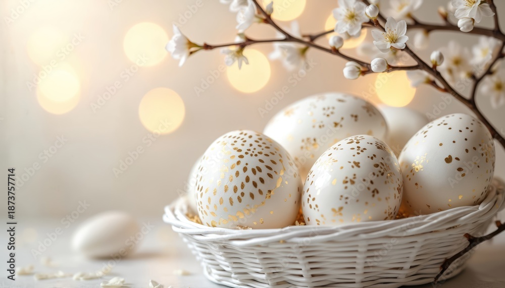 Fototapeta premium Elegant white Easter eggs with gold patterns sit in a basket under a blooming branch. Soft lights create a festive atmosphere. Celebrate spring holiday with ornate decorations.