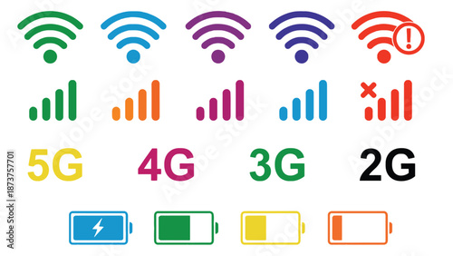 A collection of colorful mobile network and battery icons on a white background