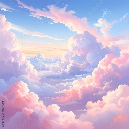 Digitally painted skyscape with fluffy, pastel-colored clouds