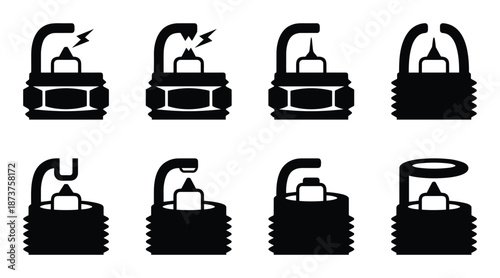 Spark plug icon set, showing different electrode gap shapes and spark conditions illustration