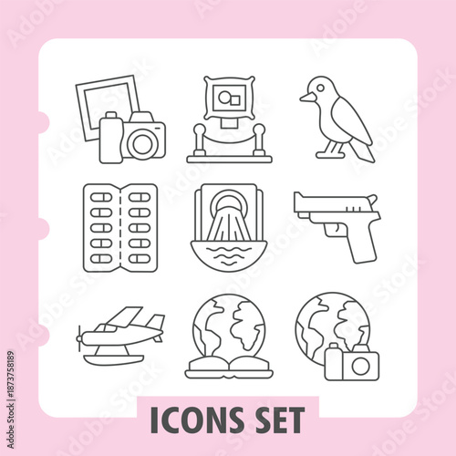 Photo album, pills blister, airplane simple icons set including camera, travel, gun, security items in solid style for apps and print on white background. Vector graphics. Set of nine thin line icons.