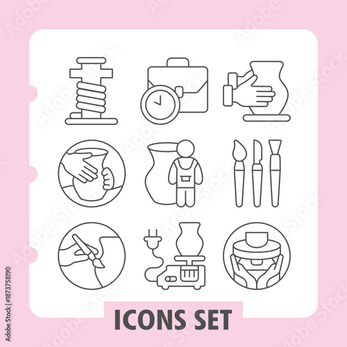 Pillar, vase, drawing simple icons set depicting work, dining and pottery. Perfect items in outline style for web apps and print on white background. Vector graphics. Set of nine thin line icons.