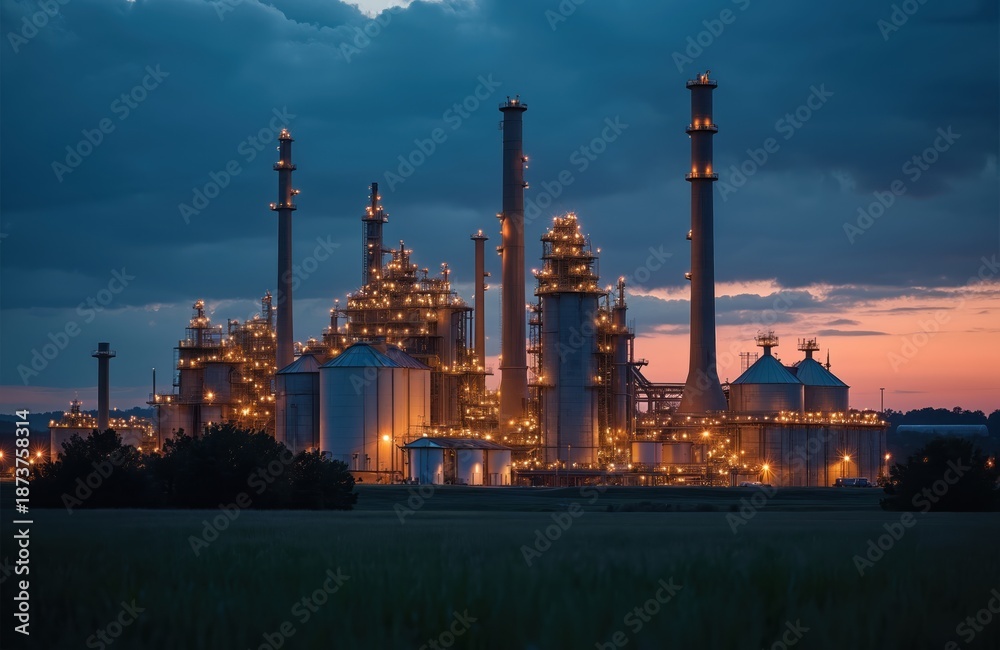 Fototapeta premium Industrial complex with towers and tanks glows at dusk. Factory lights shine against the dark sky. Petrochemical plant works at night, producing power. Blue hour scene.