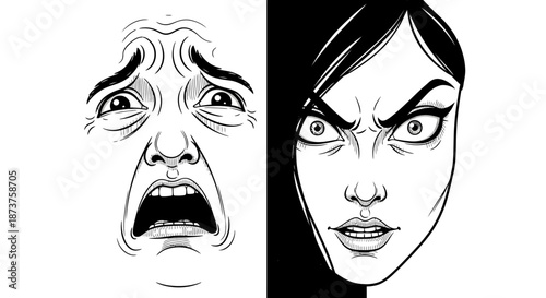 This striking black and white illustration vividly portrays the stark contrast between intense fear and menacing anger, capturing a powerful duality of human emotion.