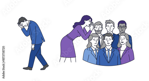 A distressed man walks away from a whispering group, illustrating the emotional toll of workplace gossip and social rumors on mental well-being.