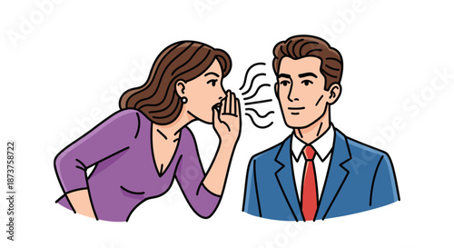 A vivid illustration captures a woman intimately whispering a private message into a man's ear, symbolizing confidential communication, secrets, or sharing news.