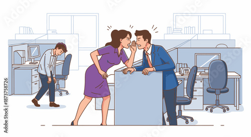 Two office workers engage in a passionate dispute across their cubicles, highlighting communication challenges and stress in a professional setting.