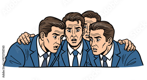Four businessmen in blue suits huddle together with expressions of shock and concern, reacting to an unseen event or revelation.