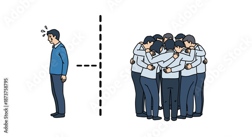 A lone individual stands isolated and distressed, separated by a boundary from a closely huddled, unified group, symbolizing exclusion and the desire for belonging.