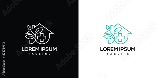 Healthcare and wellness logo concept with medical cross and leaves in a house shape