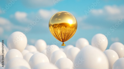 Striking metallic golden balloon rising above an expansive sea of white spheres under a bright, cloudy blue sky, representing exclusivity, achievement, and outstanding distinction.
