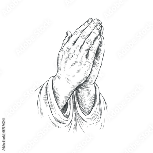 Pencil sketch style vector illustration of praying hands folded in a classic prayer gesture. Symbol of Christian faith, devotion and spirituality, isolated on a white background for religious design