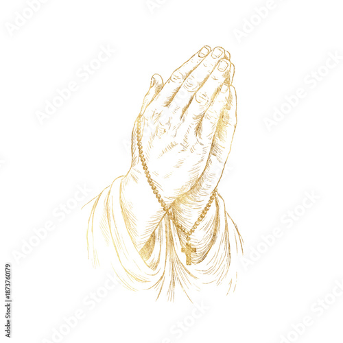 Pencil sketch style vector illustration of praying hands folded in a classic prayer gesture. Golden symbol of Christian faith, devotion and spirituality, isolated for religious design