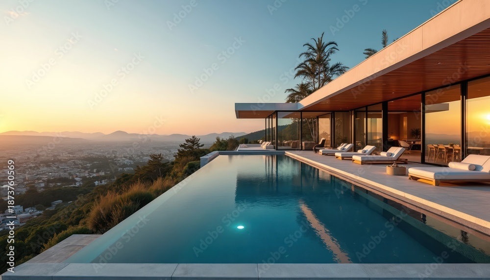 Fototapeta premium Modern villa with infinity pool overlooks city at sunset. Luxury residence features panoramic windows, comfortable lounge chairs, and a serene water reflection. Expansive view across hills.