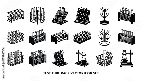 Test Tube Rack Vector Icon Set: Laboratory glassware, drying racks, beaker support, and tube holders illustrations.