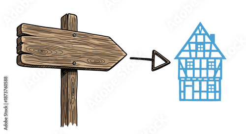 A rustic wooden signpost with a blank arrow points clearly towards a charming, stylized blue outline of a traditional half-timbered house, representing a destination.