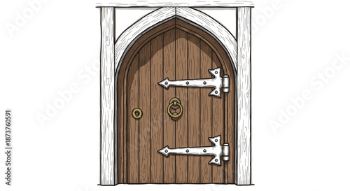 A unique hand-drawn illustration features an old, arched wooden door with striking metal hinges and a classic knocker, isolated on a white background.