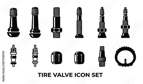 Tire valve icon set vector illustration for bicycle, car and vehicles black and white