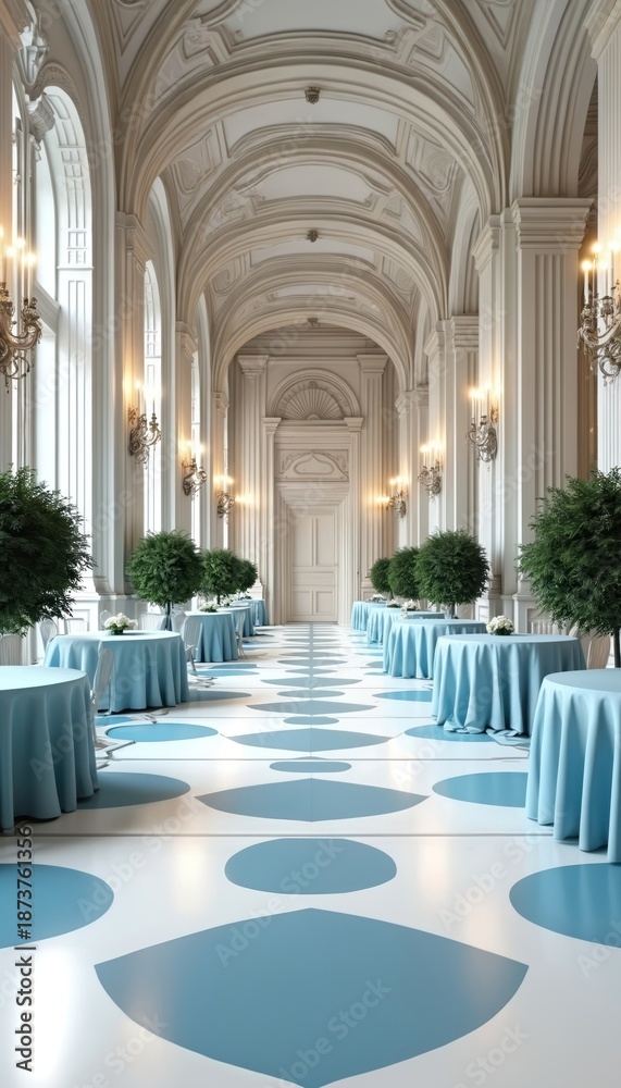 Fototapeta premium Elegant white and blue banquet hall with round tables set for event. Arched doorways, ornate columns, and patterned floor create a grand atmosphere for celebrations.