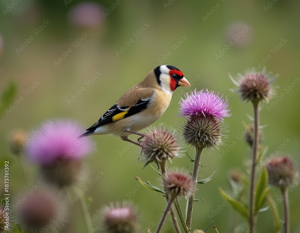 Fototapeta premium European goldfinch bird perched on purple thistle bloom. Small passerine searches for seeds in a wild meadow during summer. Colorful avian animal feeds among wildflowers.