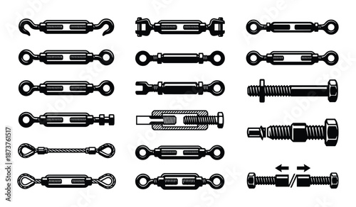 Turnbuckles, Bolts, and Fasteners Vector Illustration Set