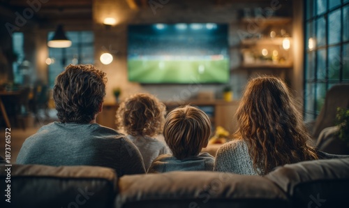 Family Enjoys Watching Soccer Together at Home in Cozy Living Room