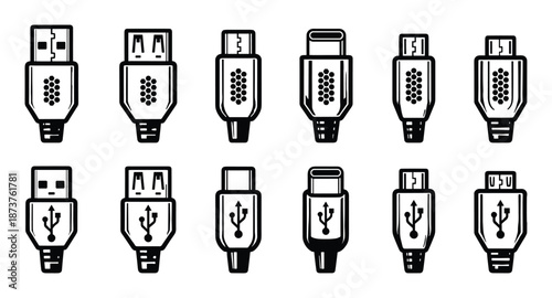 USB Port Connector Types Vector Illustrations, Cables Port Type A, Type B, Mini and Micro, and Type C
