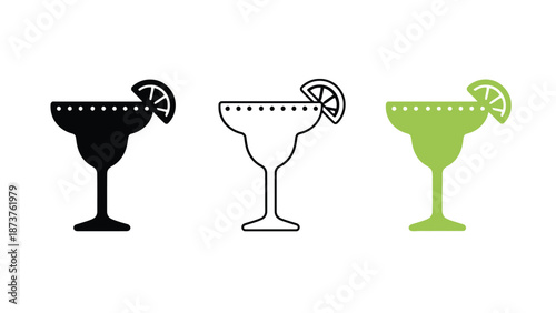 Three colorful margarita glasses with lime wedges on a white background