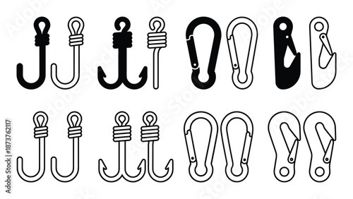 Vector illustration of fishing hooks and carabiners in black and white outline