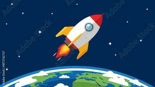 A vibrant cartoon illustration of a rocket ship launching into the starry night sky above planet Earth.