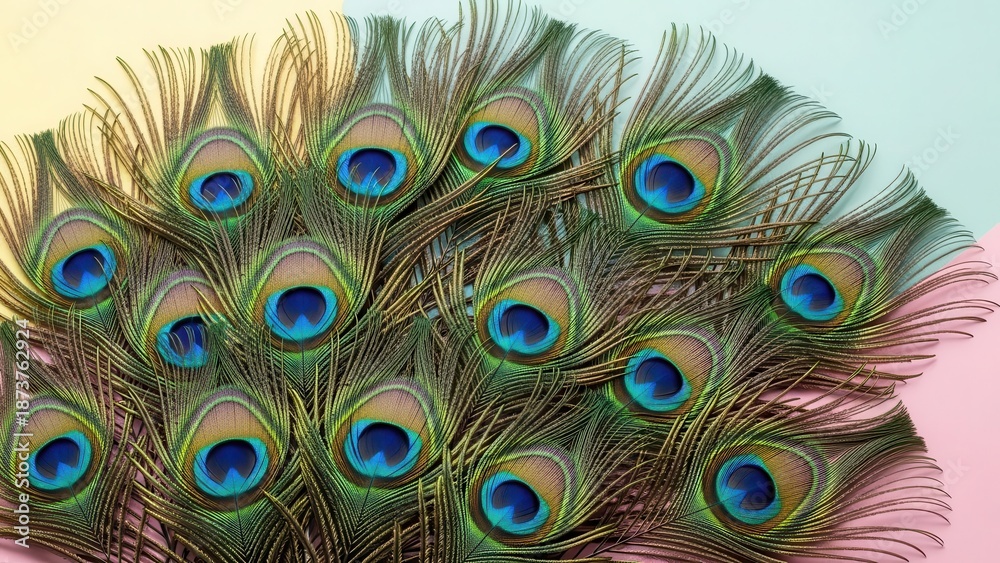 Obraz premium Close-up of iridescent peacock feathers on a pastel background.