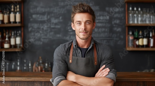 A bartender leans confidently on the polished bar counter, dressed in a stylish apron. The warm atmosphere is enhanced by glossy bottles lining the shelves, creating an inviting space for patrons