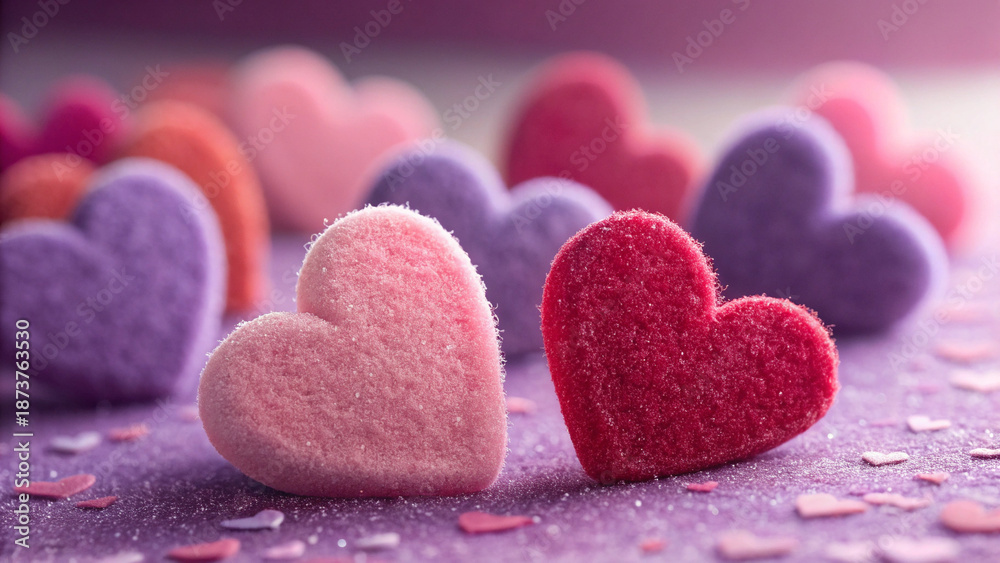 Obraz premium Collection of pink, red, and purple heart-shaped objects with soft, fuzzy texture, creating a harmonious and romantic color palette