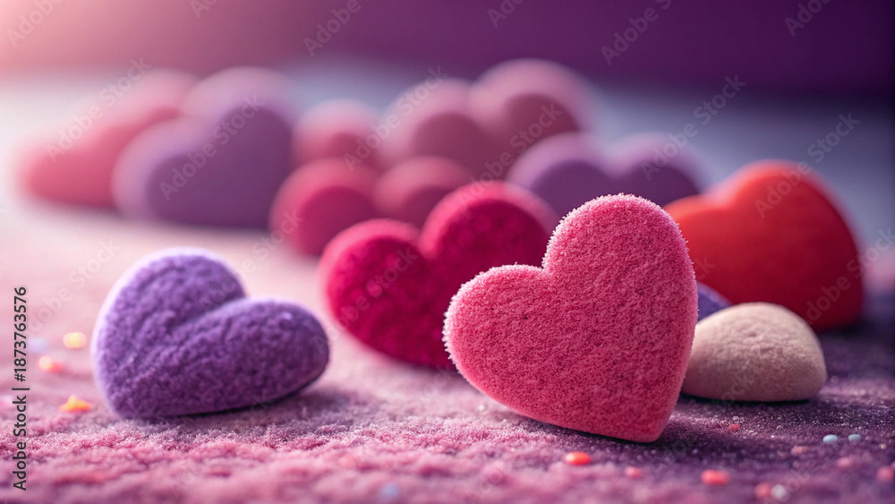 Collection of pink, red, and purple heart-shaped objects with soft, fuzzy texture, creating harmonious and romantic color palette