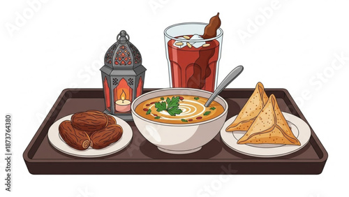 Ramadan Iftar meal tray with dates soup samosas and drink traditional Islamic food illustration for celebration isolated