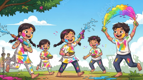 Happy children playing Holi festival with colorful powder and water guns celebrating spring and joy in a vibrant outdoor