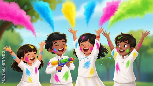 Happy children celebrating Holi festival with colorful powder and water guns joyful outdoor scene vibrant Indian culture