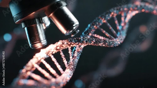 Unveiling the Code of Life: A detailed shot of a microscope focusing on a DNA strand, it's a visual metaphor for scientific discovery and biological study.