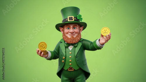 Leprechaun holding gold coins dressed in green suit and hat St Patricks Day concept isolated on green background