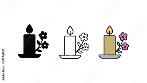A set of colorful candle icons with flowers on a white background