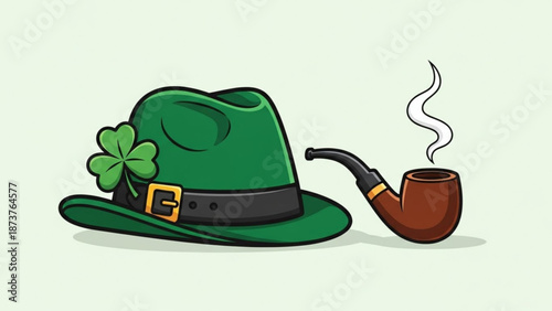 Green leprechaun hat with shamrock and smoking pipe St Patricks Day symbol for Irish celebration isolated on light backg