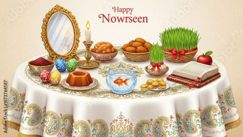 Haft-Seen table setting for Nowruz traditional Persian New Year celebration with symbolic items illustration on light ba