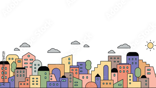 Vibrant, colorful cityscape with stylized buildings and whimsical clouds on a sunny day
